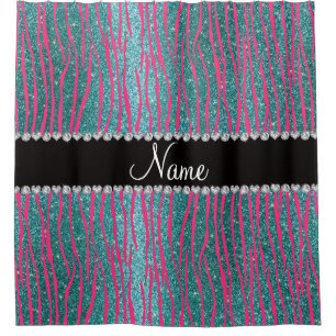 Name pink zebra stripes turquoise glitter shower curtain