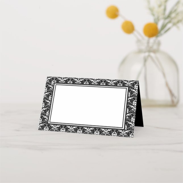Name Place Card-Black & White Damask Card (Front)