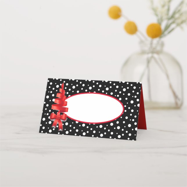 Name Place Cards-Christmas Ribbon Tree Polka Dot Place Card (Front)