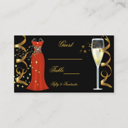 Name Place Fantastic Red Dress Black Gold Place Card