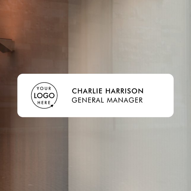 Name Plate Office Door Business Logo Modern White Window Cling (Company branded nameplate window cling signs for small business premises & office signage.)