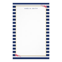 Name Preppy Chic Blue Stripes Pink Flowers Stationery