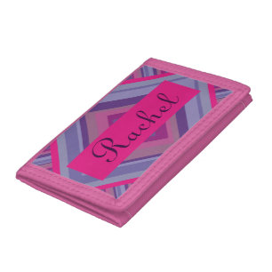 Name Pretty Squares Pink Purple Diamond Pattern Tri-fold Wallet