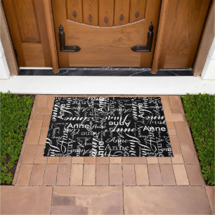 Name Printed in White All-Over a Black Doormat