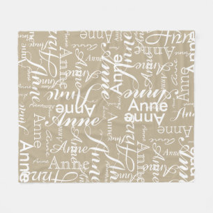 Name Printed in White all-over a Pale Khaki Fleece Blanket