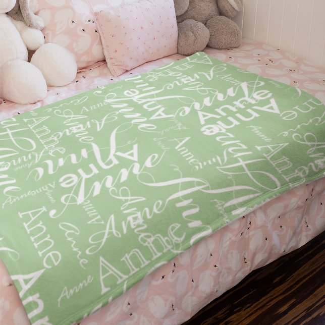 Name Printed in White all-over a Sage Green Baby Blanket (Creator Uploaded)
