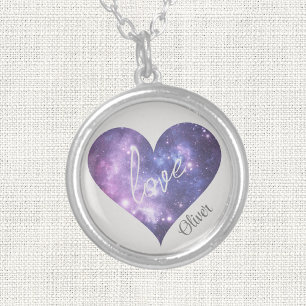Name, Purple and Bright Stars love Heart, Sterling Silver Plated Necklace