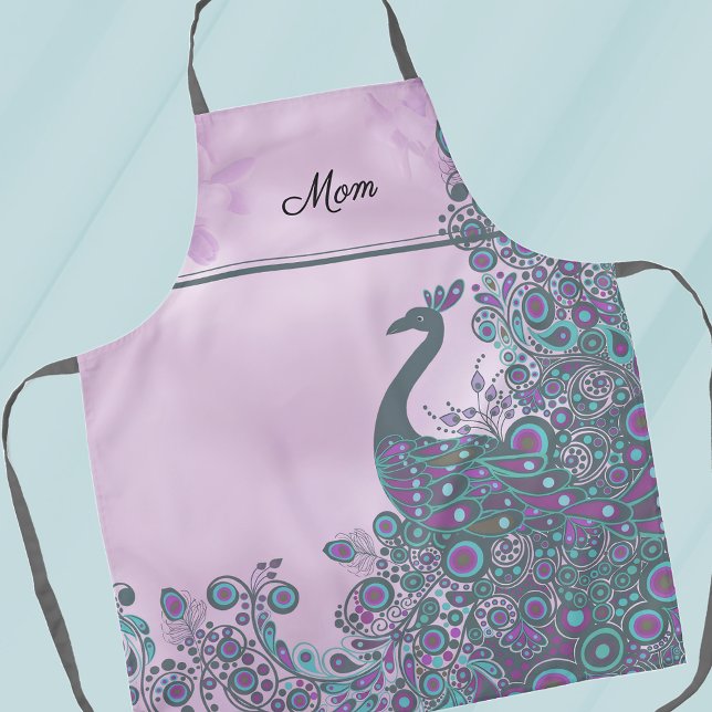 Name, Purple and Teal Decorative Peacock Pattern Apron (Creator Uploaded)
