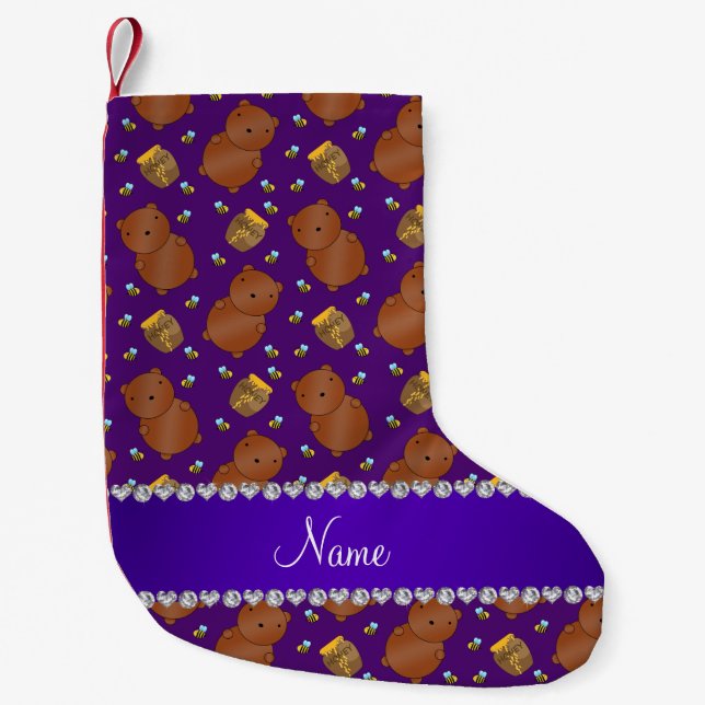 Name purple bears honeypots bees pattern small christmas stocking (Front)