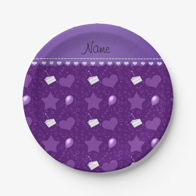 Name purple birthday cake balloons hearts stars paper plates (Front)