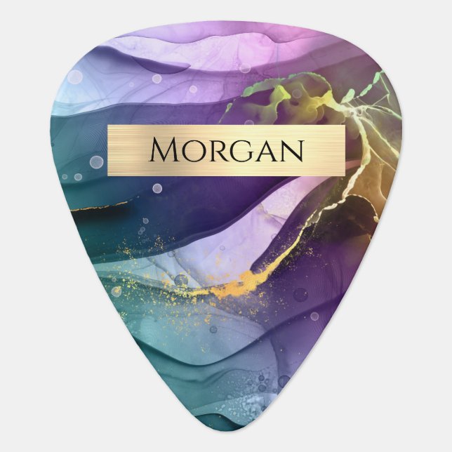 Name, Purple Blue & Gold Ink Abstract, Gold Bar Guitar Pick (Front)