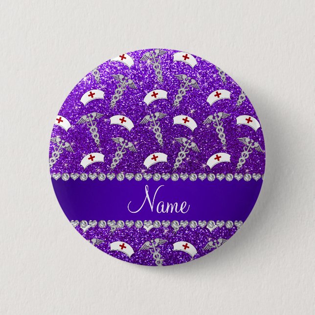 Name purple glitter nurse hats silver caduceus button (Front)