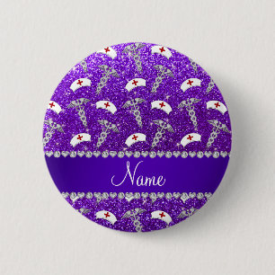 Name purple glitter nurse hats silver caduceus button