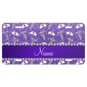 Name purple glitter nurse hats silver caduceus license plate