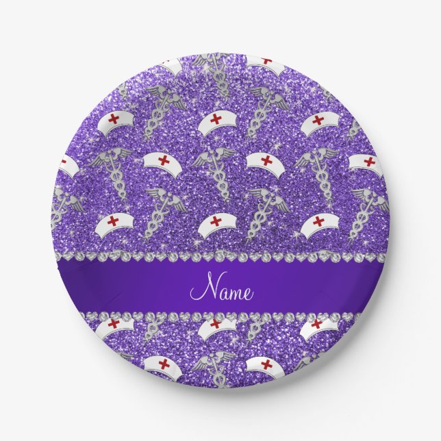 Name purple glitter nurse hats silver caduceus paper plates (Front)