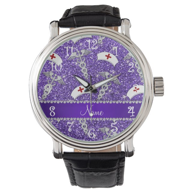 Name purple glitter nurse hats silver caduceus watch (Front)