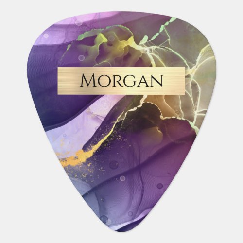 Name Purple  Gold Ink Abstract Gold Bar Guitar Pick
