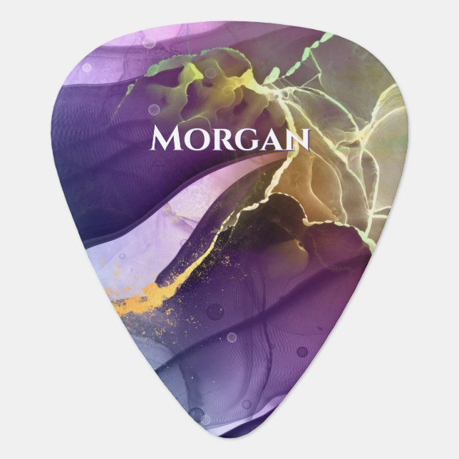 Name, Purple & Gold Ink Abstract, Vs 2 Guitar Pick (Front)
