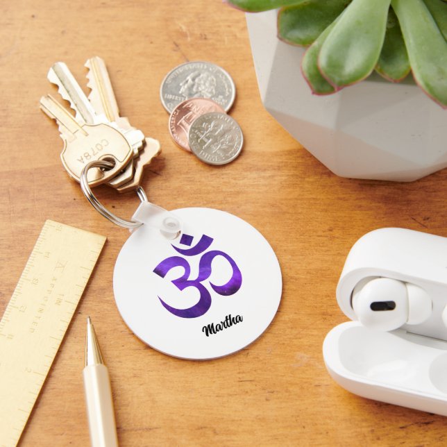 Name, Purple Pattern Om Symbol 2-in Aluminum Keychain (Desk)