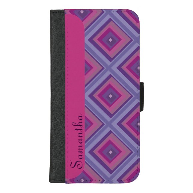 Name Purple Pink Diamond Pattern Squares Offset  iPhone Wallet Case (Front)