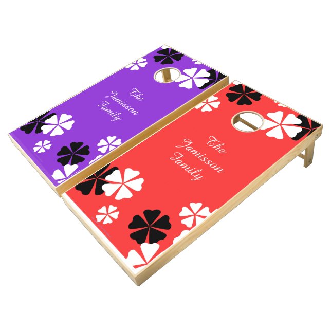 Name Purple Red Floral Lawn Game Beanbag Toss  (Angled)