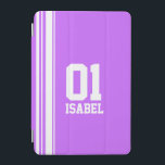 Name purple & white sport name number ipad cover<br><div class="desc">Purple and white sports style ipad case cover. In a sports shirt style Customize with the name and special age, year or lucky number of your choice. Case currently reads: Isabel 01. *Please note some names will not always fit due to the nature of the font. A perfect gift for...</div>