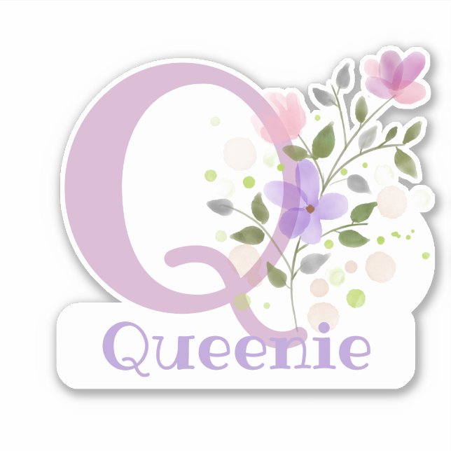 Name Queenie & Initial with Floral Design Sticker (Front)