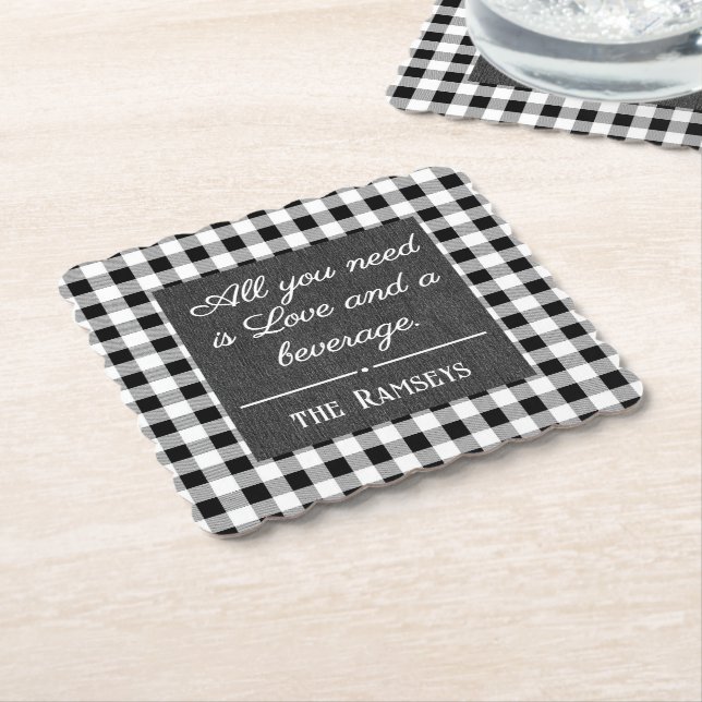 Name Quote. Black & White Check, Black Denim Print Paper Coaster (Angled)