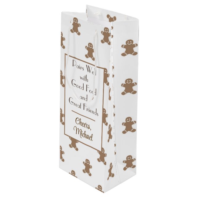 Name & Quote on Cute Gingerbread Man Wine Gift Bag (Front Angled)