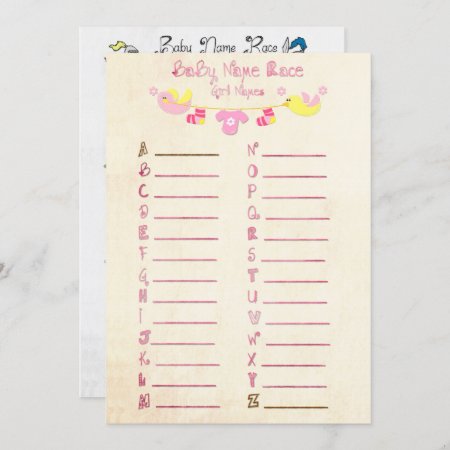 Name Race Baby Shower Game Cards