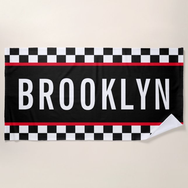 Name Racing Red White Black Checkerboard Pattern Beach Towel (Front)