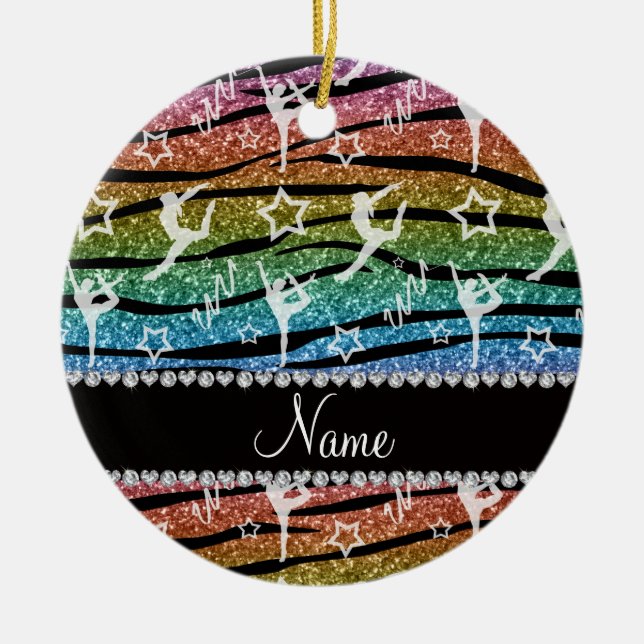 Name rainbow gymnastics glitter zebra stripes ceramic ornament (Front)