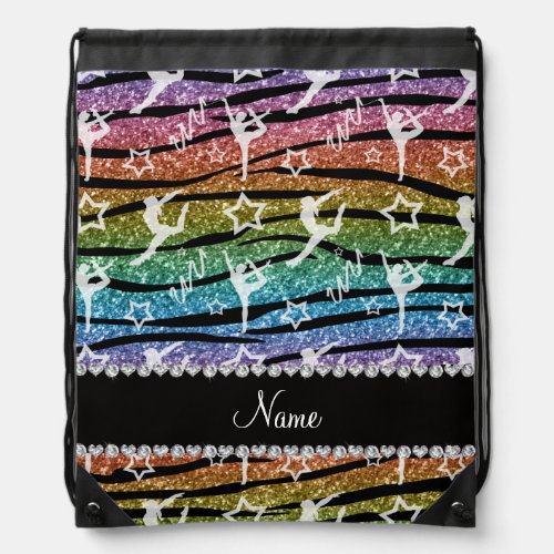 Name rainbow gymnastics glitter zebra stripes drawstring bag