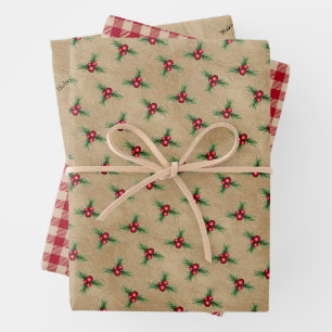 Name, Red Berries Holly, Gingham Check Kraft Wrapping Paper Sheets