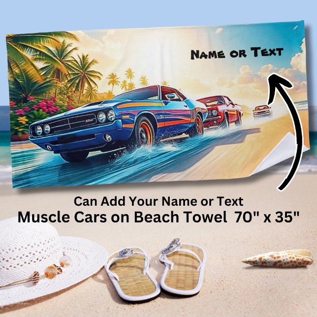Name, Red & Blue Muscle Cars on Sand  Beach Towel (Creator Uploaded)