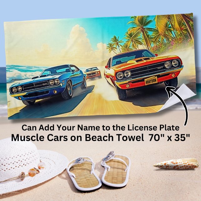 Name, Red & Blue Muscle Cars on Sandy Surf Shore Beach Towel (Creator Uploaded)