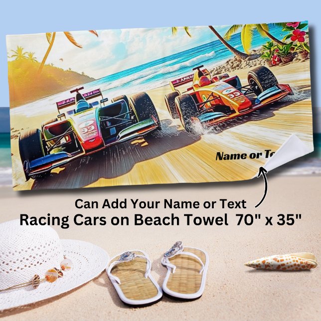 Name, Red Blue Racing Cars on the Sand Beach Towel (Creator Uploaded)