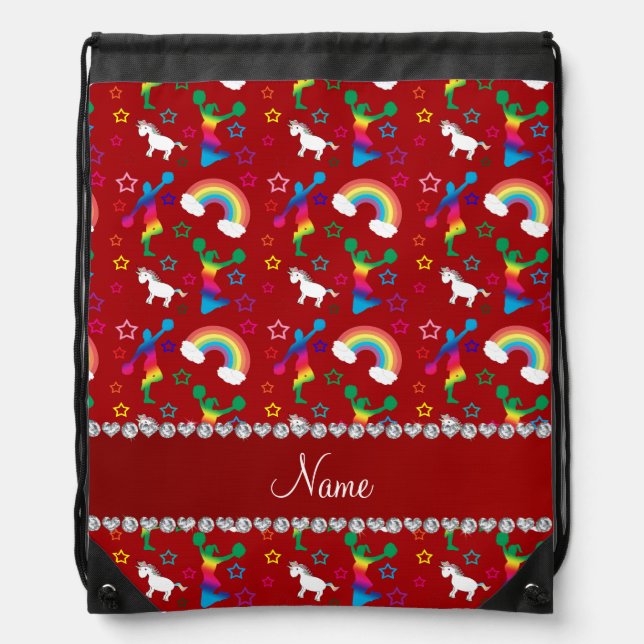 Name red cheerleading rainbow unicorns stars drawstring bag (Front)