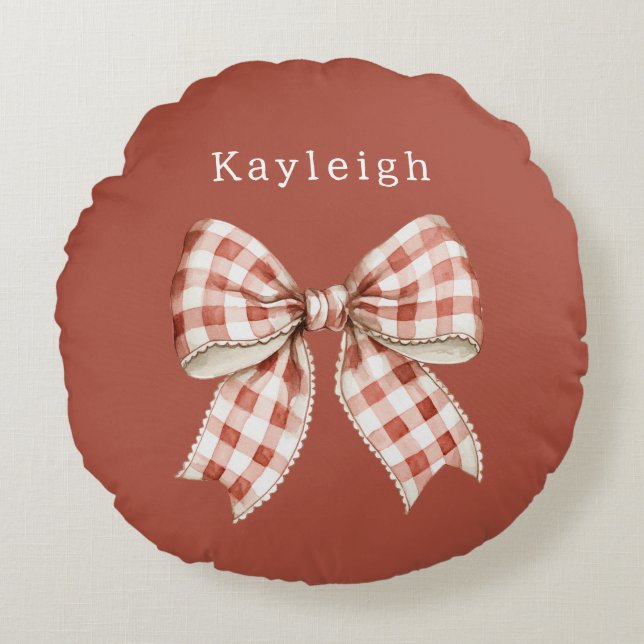 Name Red Cream Bow Round Pillow (Front)