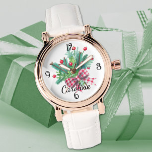 Name, Red & Green Bouquet White Leather Womans Watch