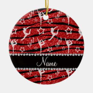 Name red gymnastics glitter zebra stripes ceramic ornament