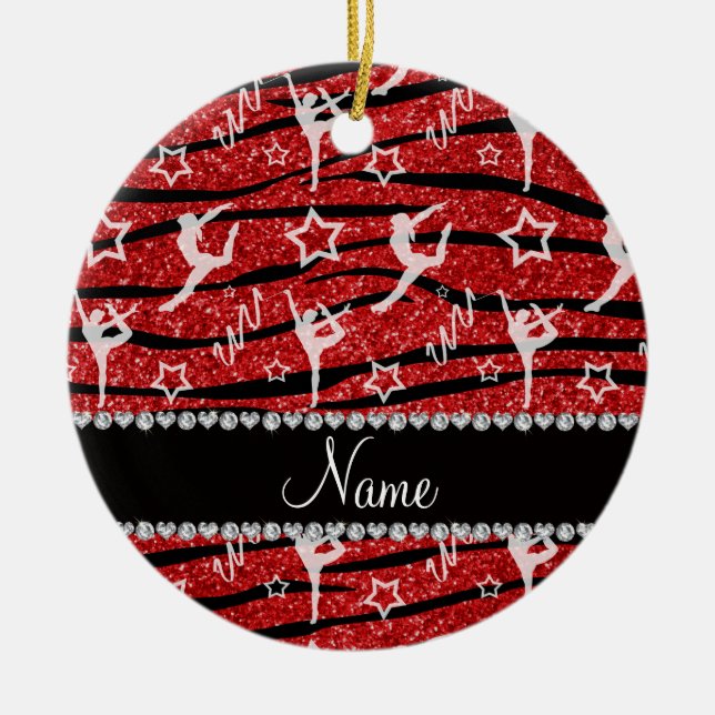Name red gymnastics glitter zebra stripes ceramic ornament (Front)