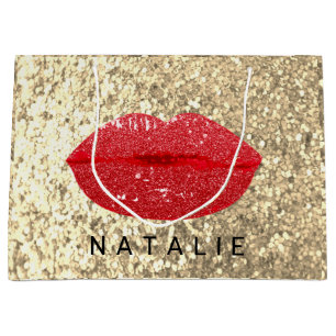 Name Red Kiss Lips Glitter Champagne Gold Glam Lar Large Gift Bag