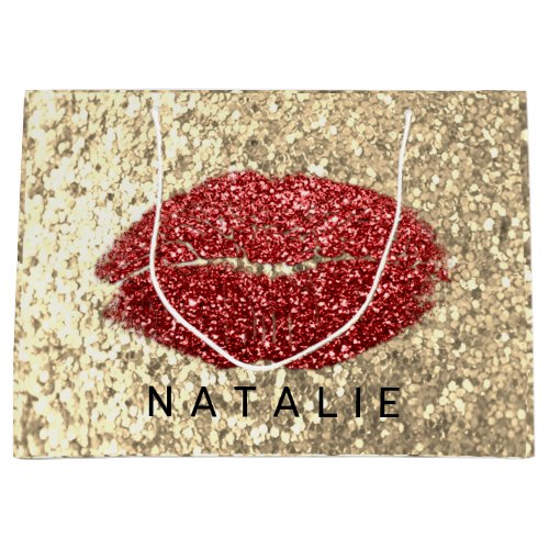 Name Red Kiss Lips Glitter Champagne Gold Glam Large Gift Bag