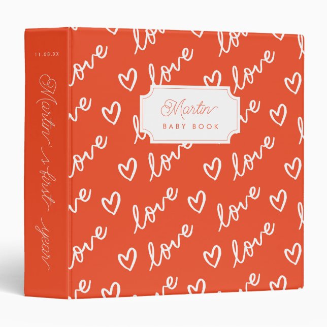Name Red Love & Hearts Baby Book 3 Ring Binder (Front/Spine)