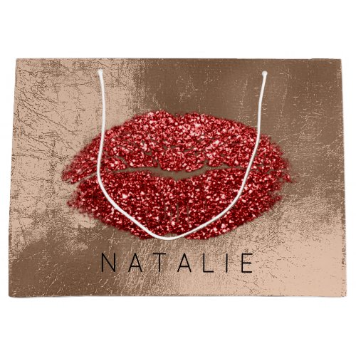 Name Red Metal Kiss Lips Glitter Skinny Rose Gold Large Gift Bag