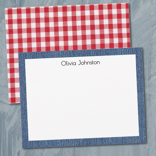 Name || Red White Buffalo Check Blue Denim Frame Note Card (Creator Uploaded)