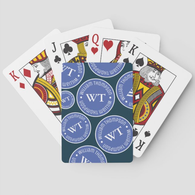 Name Repeated Blue Circles Monogrammed Poker Cards (Back)