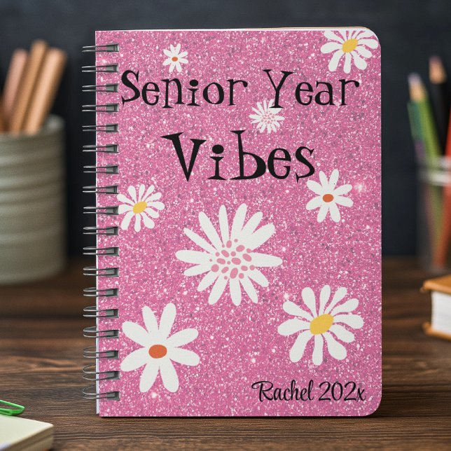 Name, Retro Sparkly Hot Pink Senior Year Vibes Notebook (Creator Uploaded)