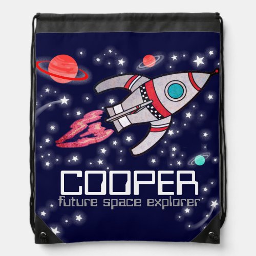 Name rocket space explorer kids drawstring bag